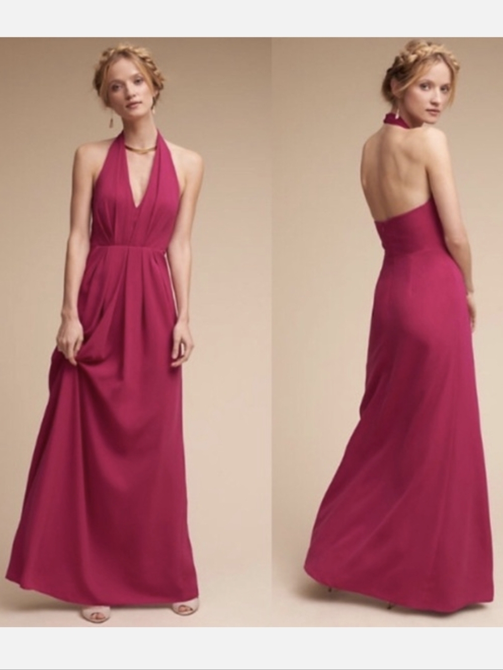 Anthropologie BHLDN Jill Stuart Rasa Halter Dress Gown Raspberry Pink $280 Sz 2